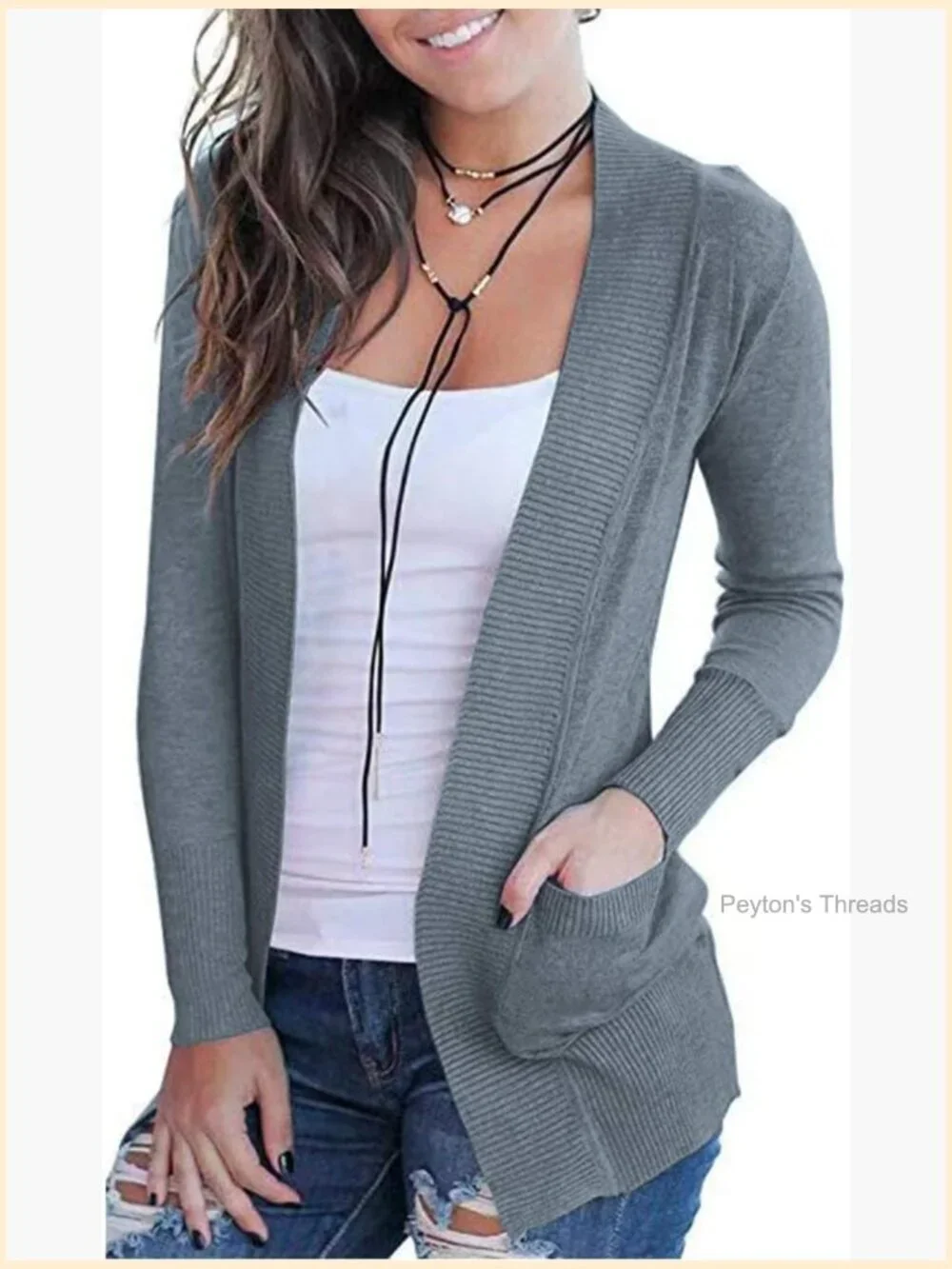 Open Front Cardigan with Pockets, 80% Viscose 20% Nylon Knit